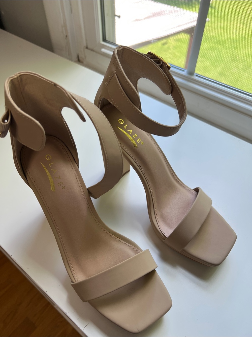 Glaze Nude Ankle Strap‎ Heels Square Toe Sandals Size 8
